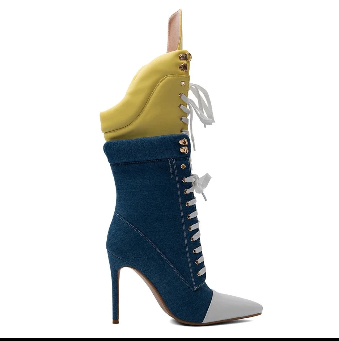 (Free Shipping) Sports Style Women's Jean Stiletto High- Heel Boots Lace Up Blue Yellow Patchwork Denim