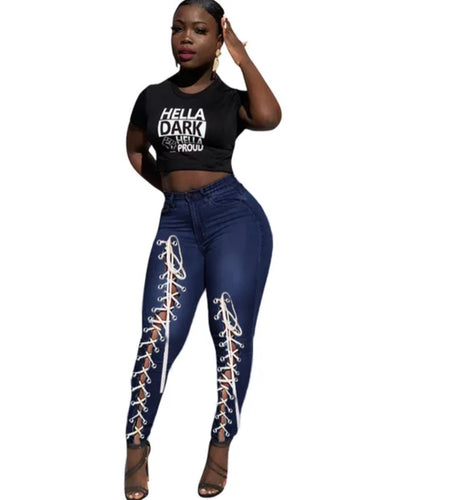 (Free Shipping)(Tariffs included in price) High waist plus size woman jeans eyelet bandage fashion tiny leg women skinny jeans