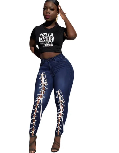 Load image into Gallery viewer, (Free Shipping)(Tariffs included in price) High waist plus size woman jeans eyelet bandage fashion tiny leg women skinny jeans
