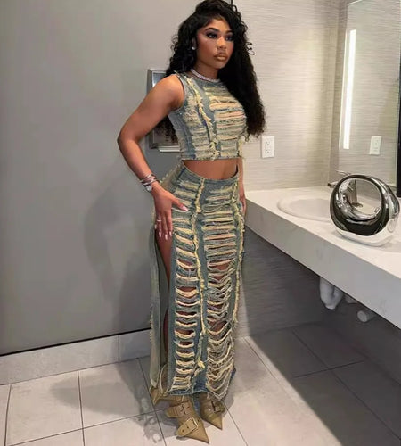 (Free Shipping)(Tariffs included in price) Ripped Jean Distressed Long Skirt Denim Set