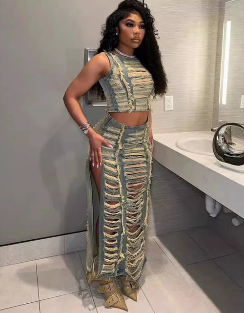 Load image into Gallery viewer, (Free Shipping)(Tariffs included in price) Ripped Jean Distressed Long Skirt Denim Set
