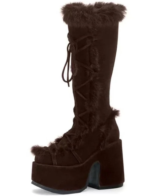 Load image into Gallery viewer, (Free Shipping) Women's Western Thick Chunky Heels Long Lace Up Furry Round Toe Platform Knee High Boots
