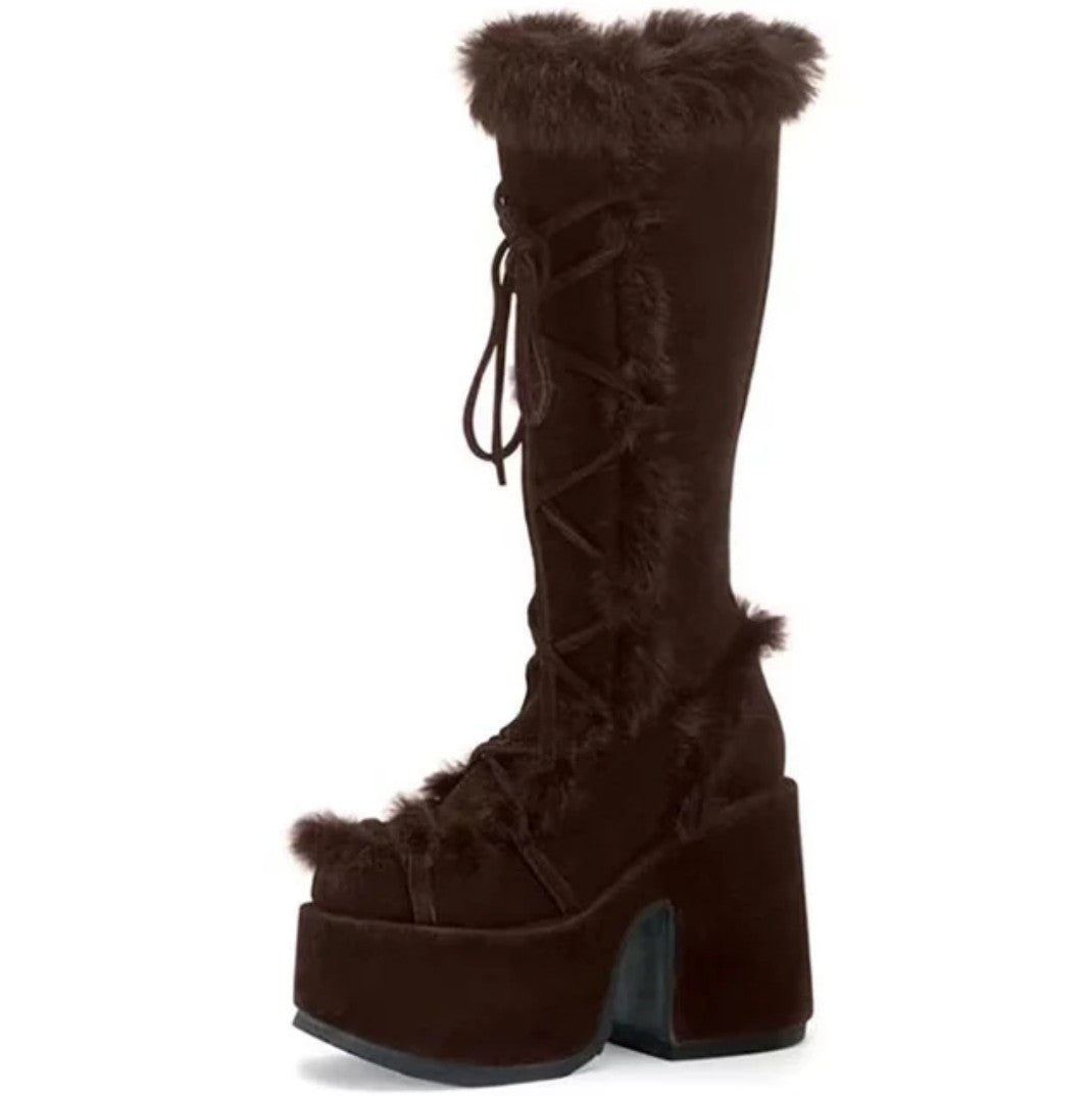(Free Shipping) Women's Western Thick Chunky Heels Long Lace Up Furry Round Toe Platform Knee High Boots