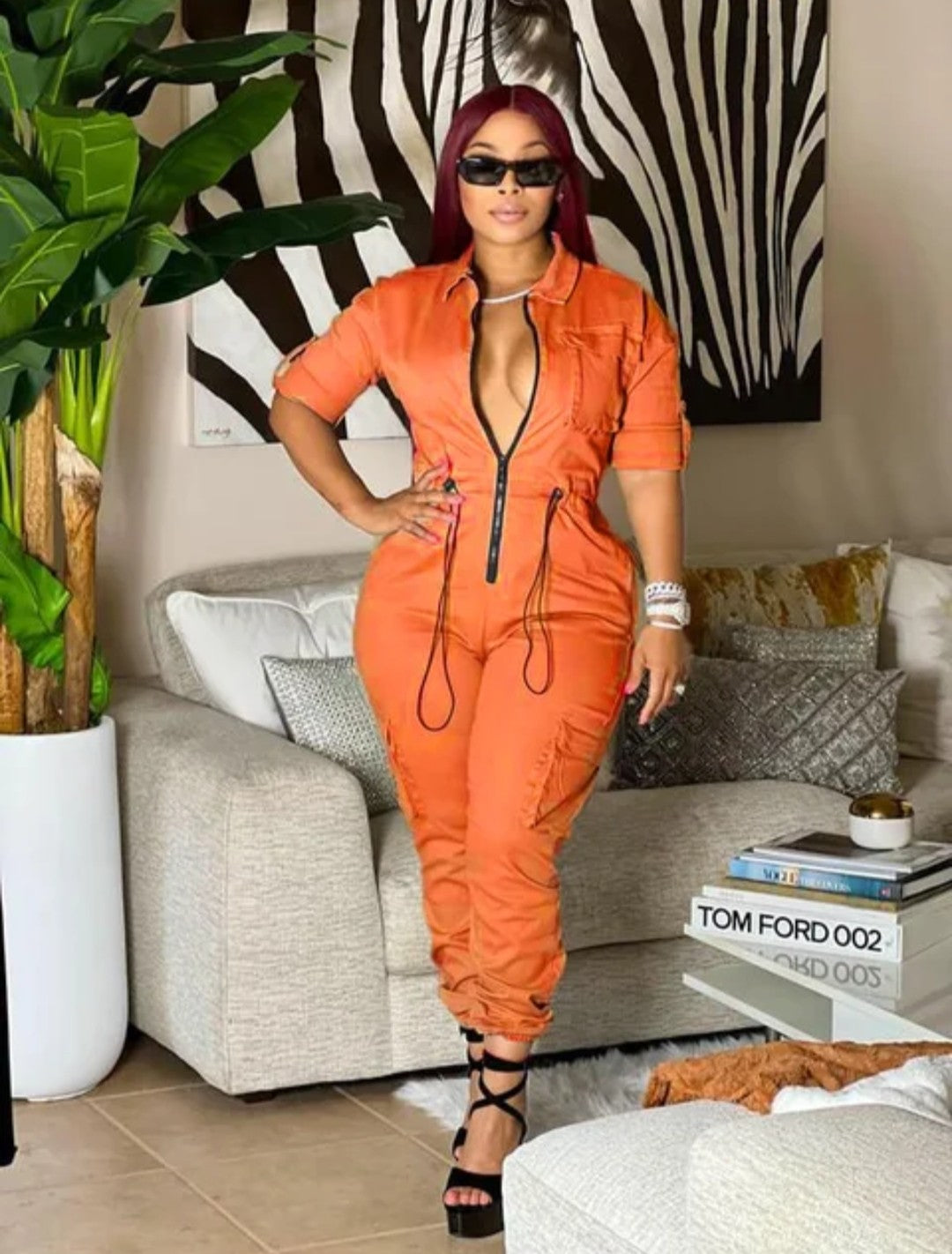 (Free Shipping)(Tariff included in price) Plus sizes available. Women's jumpsuit is made of breathable, quick-dry, and anti-pilling spandex/polyester material, perfect for summer and spring. It features a skin-friendly knitting, modern streetwear design.