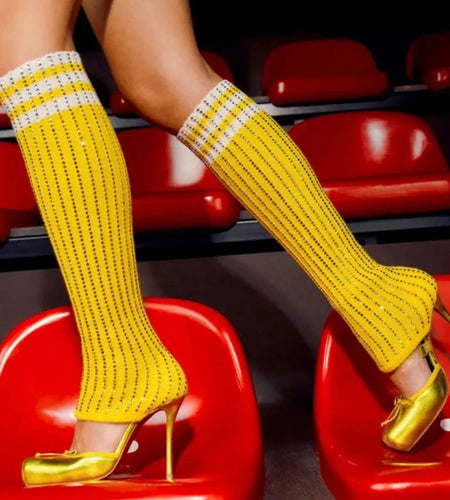 (Free Shipping) Diamond Knitted Upper High Heeled Shoe Front Bow Square Toe Knee High Stretch Cut Out Sock Sandals