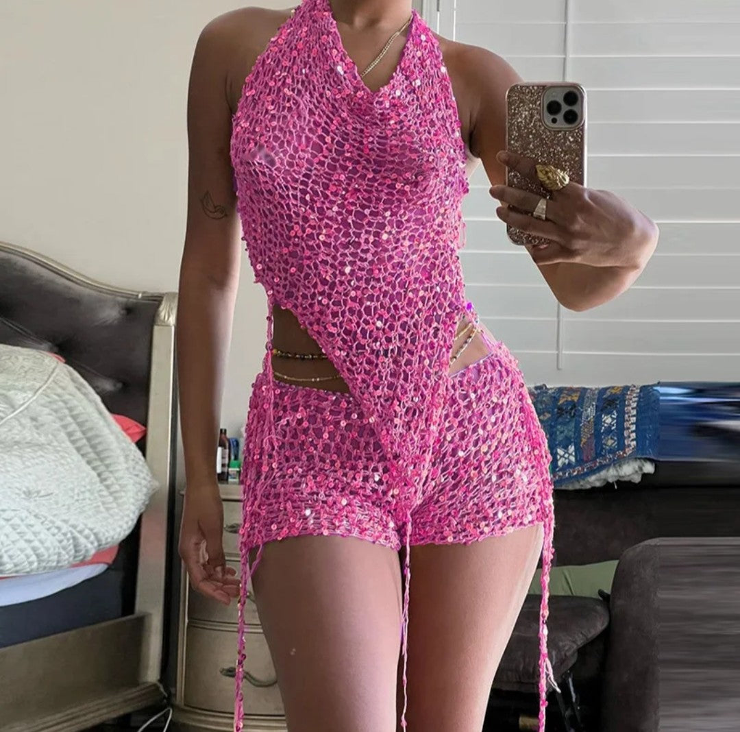 (Free Shipping)(Tariffs included in price) Hooded Knit sequins 2 Piece Set halter top and shorts. Made from a breathable polyester and cotton blend.