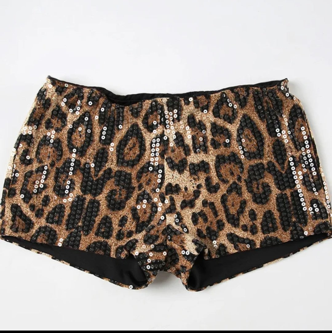 (Free Shipping)(Tariffs included in price) Sequins Leopard Print Shorts Women Hipster Sexy Low Waist Stretch Hot Pants