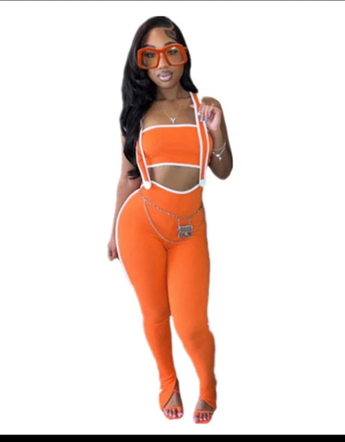 Load image into Gallery viewer, (Free Shipping)(Tariffs included in price) Women's New Stretch Pin Strip Sexy Chest Wrap Suspender Trousers Stylish Casual Suit Two-Piece Set
