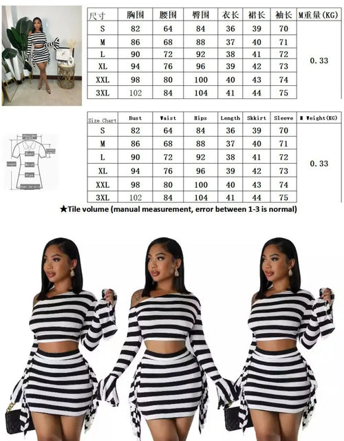 Load image into Gallery viewer, (Free Shipping)(Tariffs included in price) New Shoulder Flare Sleeve Fringe Skirt Black and White Stripe Two-piece Set

