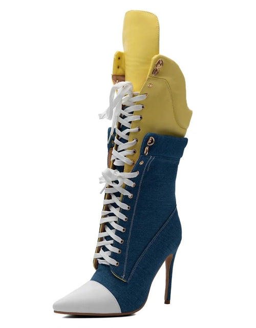 Load image into Gallery viewer, (Free Shipping) Sports Style Women's Jean Stiletto High- Heel Boots Lace Up Blue Yellow Patchwork Denim
