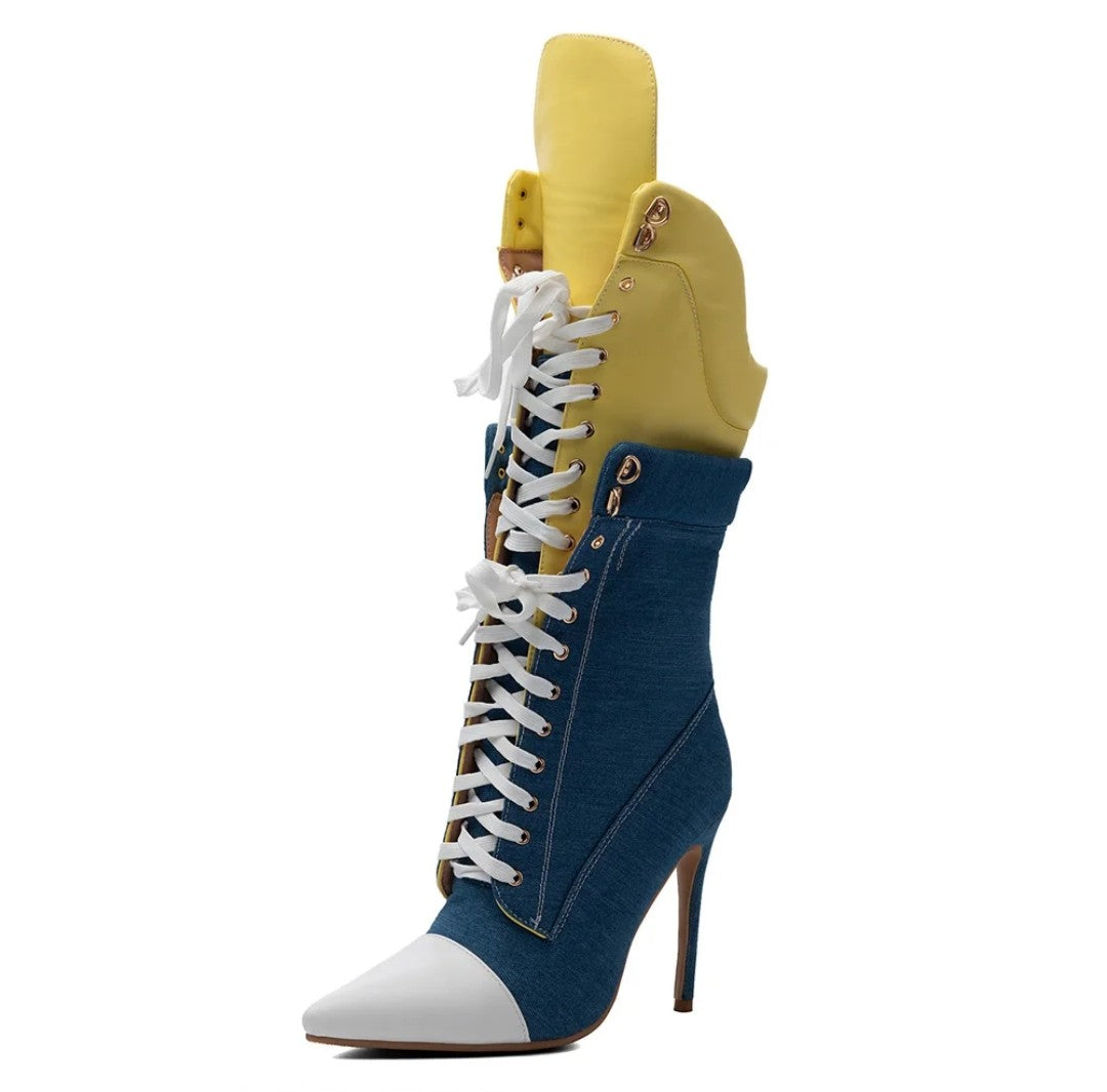 (Free Shipping) Sports Style Women's Jean Stiletto High- Heel Boots Lace Up Blue Yellow Patchwork Denim