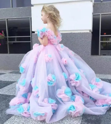 (Free Shipping)(Tariffs included in price) Purple Flower Dress off shoulder floor length Puffy 3D Princess Kid Birthday First Communion Gown