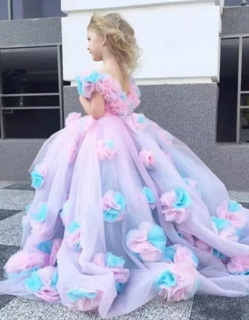 Load image into Gallery viewer, (Free Shipping)(Tariffs included in price) Purple Flower Dress off shoulder floor length Puffy 3D Princess Kid Birthday First Communion Gown
