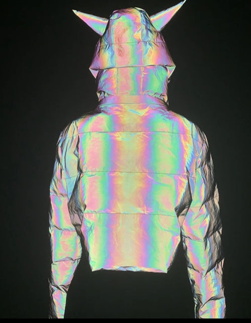 Load image into Gallery viewer, (Free Shipping)(Tariffs included in price) Winter Wear Crop Top Holographic Reflective Women Padding Jacket With Hood
