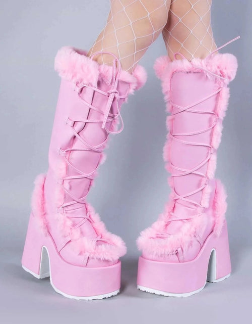 Load image into Gallery viewer, (Free Shipping) Women's Western Thick Chunky Heels Long Lace Up Furry Round Toe Platform Knee High Boots
