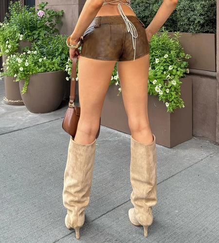 (Free Shipping)(Tariffs included in price) Pu Leather Brown Casual Sexy Mini Shorts