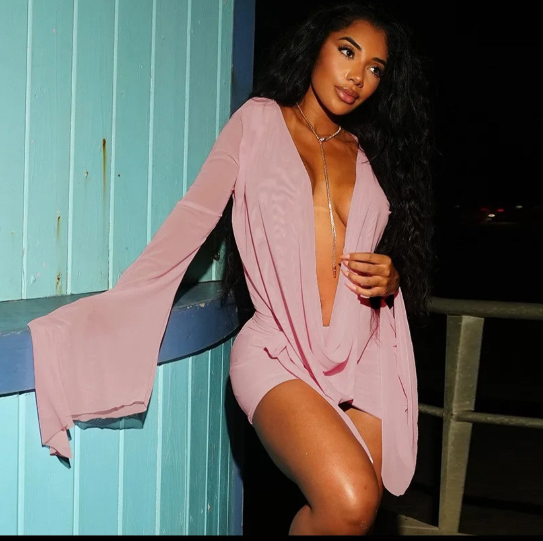 (Free Shipping)(Tariffs included in price) Wholesale Fashion Women Clothes 2025 Summer Boutique Beachwear Mesh Deep V Neck Dress