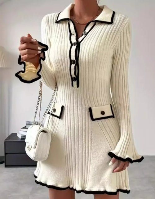 Load image into Gallery viewer, (Free Shipping)(Tariffs included in price) Vintage-style Mini Dress V-neck, Empire waistline, and long flare sleeves, slim fit and pencil silhouette, elegant look, beading decoration
