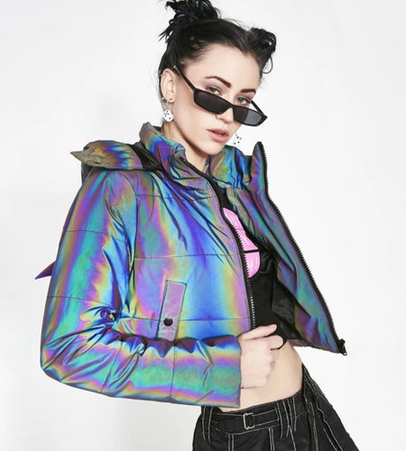 (Free Shipping)(Tariffs included in price) Winter Wear Crop Top Holographic Reflective Women Padding Jacket With Hood