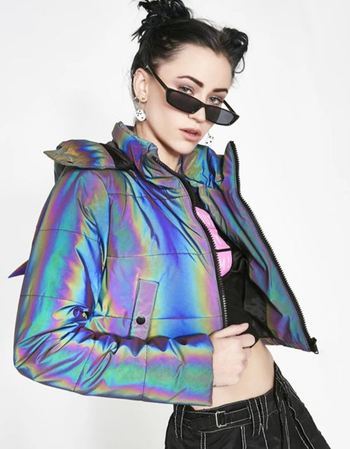 Load image into Gallery viewer, (Free Shipping)(Tariffs included in price) Winter Wear Crop Top Holographic Reflective Women Padding Jacket With Hood
