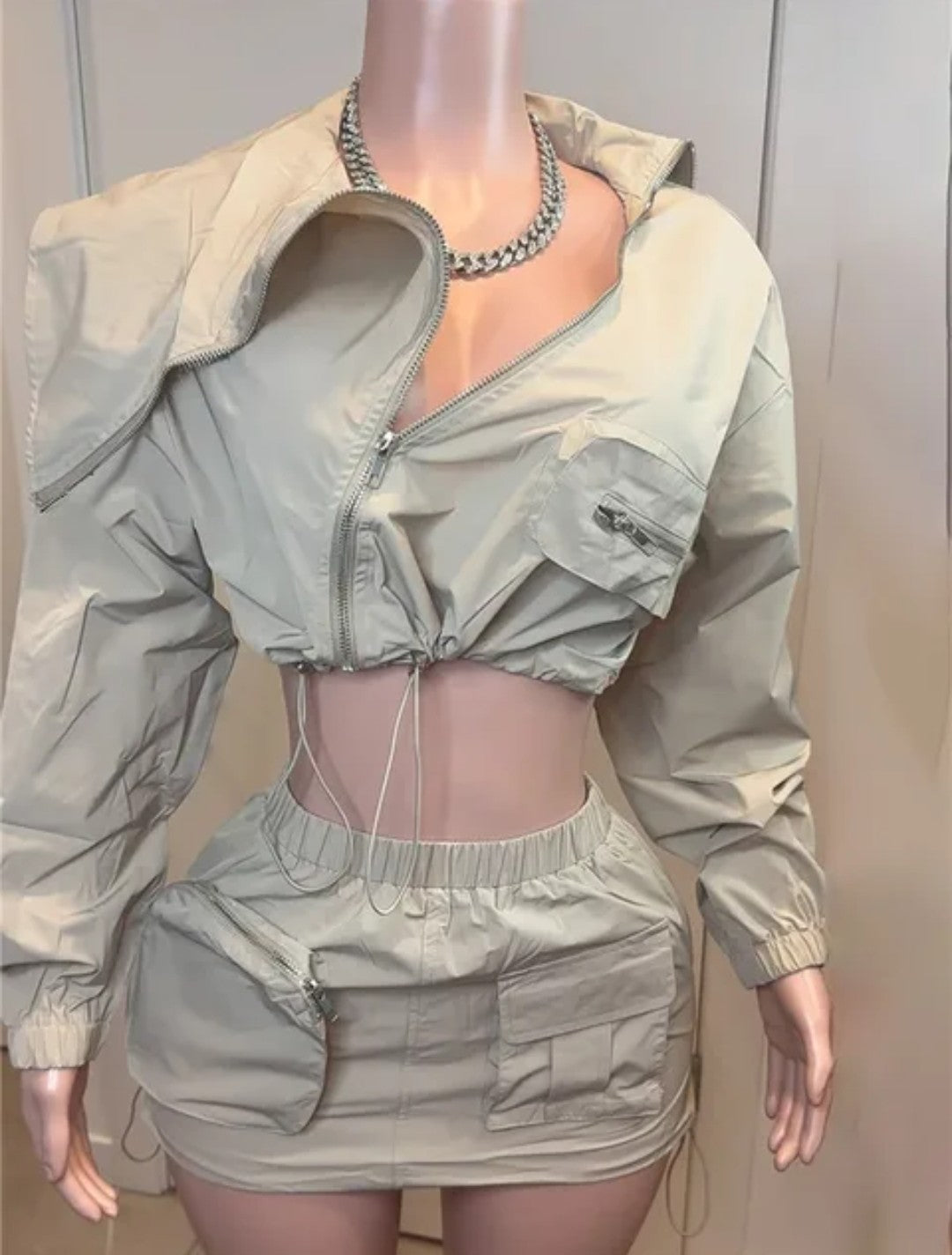 (Free Shipping)(Tariffs included in price) Safari Style long sleeve top zipper fly cargo mini skirt