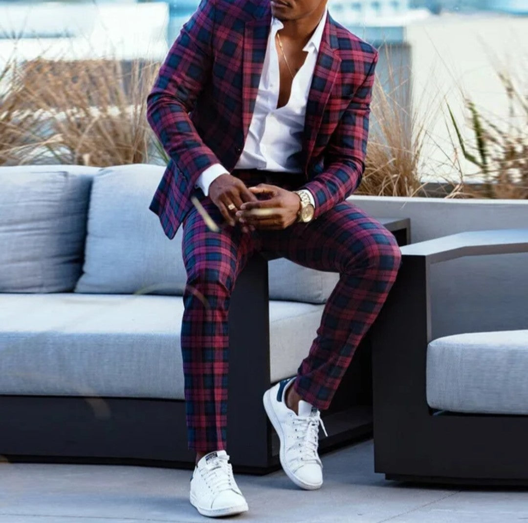 (Free Shipping)Men's 2 Piece Plaid Blazer Digital Print Suit Jacket with Zipper Fly Business Style