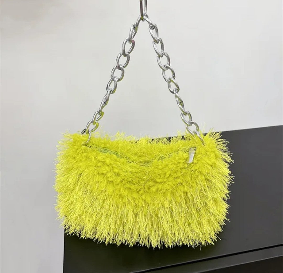 (Free Shipping) Plush Women's Hobos Underarm Bag Hot Girls Furry Clutch Shoulder Bag Luxury Faux Fur Female Fluffy Armpit Handbag
