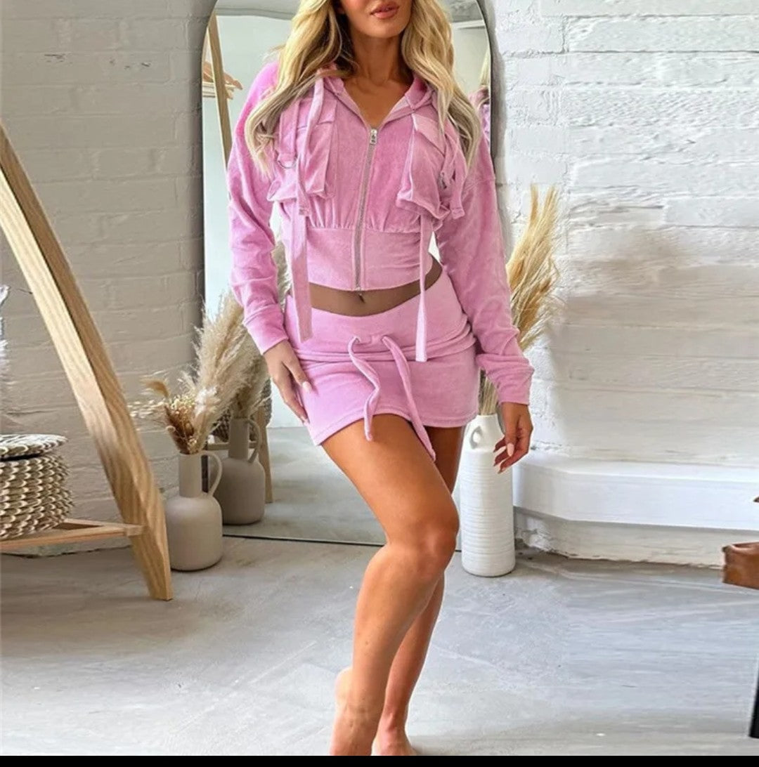 (Free Shipping)(Tariffs included in price) Velvet Pink Hooded Crop Jacket + Mini Skirt 2 Piece Set