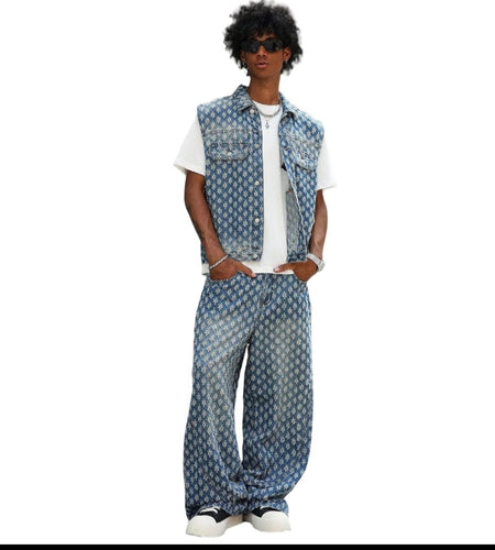 (Free Shipping)(Tariffs included in price)Autumn Winter Oversized 2-Piece Sleeveless Denim Jacket Baggy Trousers Streetwear Style Mid-Waist Breathable Washable Woven