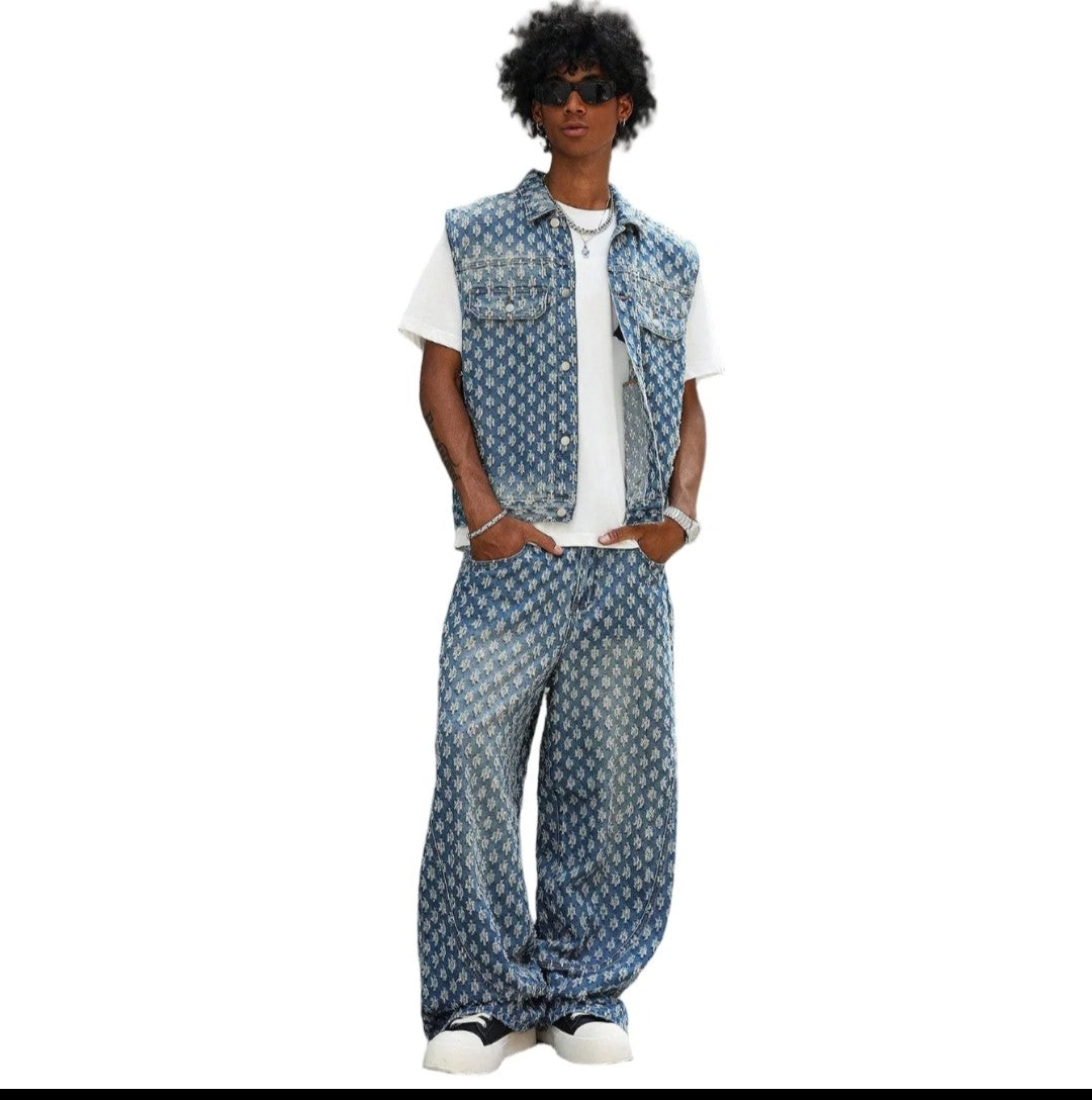 (Free Shipping)(Tariffs included in price)Autumn Winter Oversized 2-Piece Sleeveless Denim Jacket Baggy Trousers Streetwear Style Mid-Waist Breathable Washable Woven