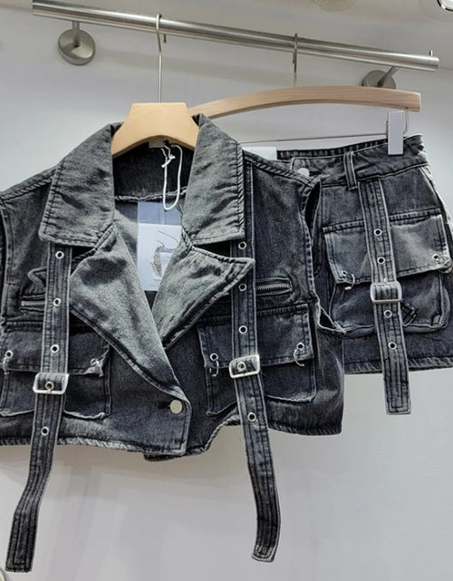 Load image into Gallery viewer, (Free Shipping) Women's denim clothes set vest and mini pocket skirt two-piece set for women denim cargo set
