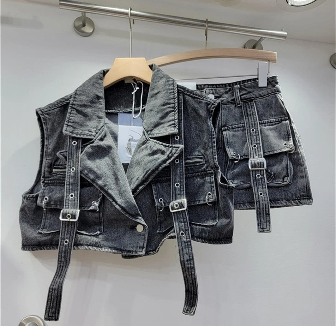 (Free Shipping) Women's denim clothes set vest and mini pocket skirt two-piece set for women denim cargo set