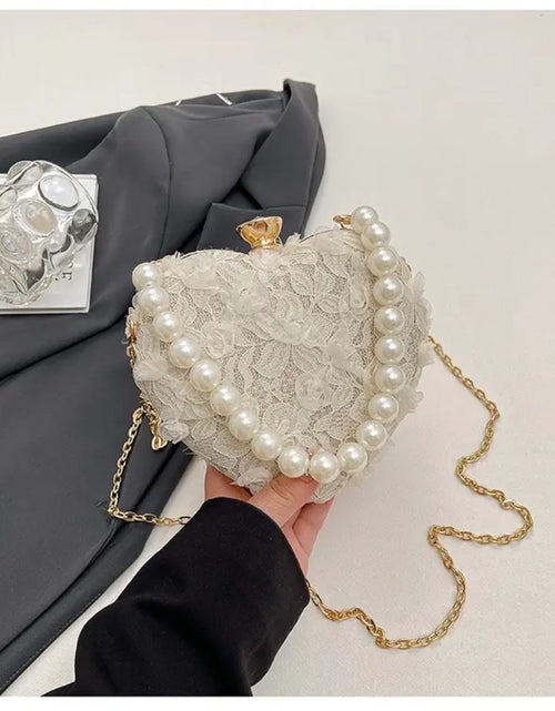 Load image into Gallery viewer, (Free Shipping)(Tariffs included in price) Luxury Lace Flower Heart Shape Pearl Handle Clutch Purse Diamond Evening Wedding Party Shoulder Bag Handle Rose Floral Handbags
