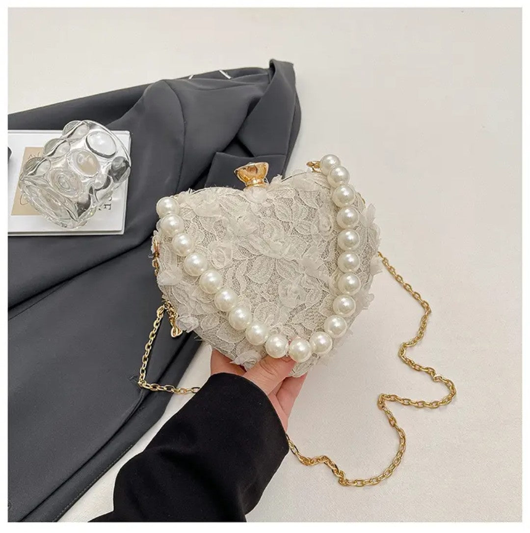 (Free Shipping)(Tariffs included in price) Luxury Lace Flower Heart Shape Pearl Handle Clutch Purse Diamond Evening Wedding Party Shoulder Bag Handle Rose Floral Handbags