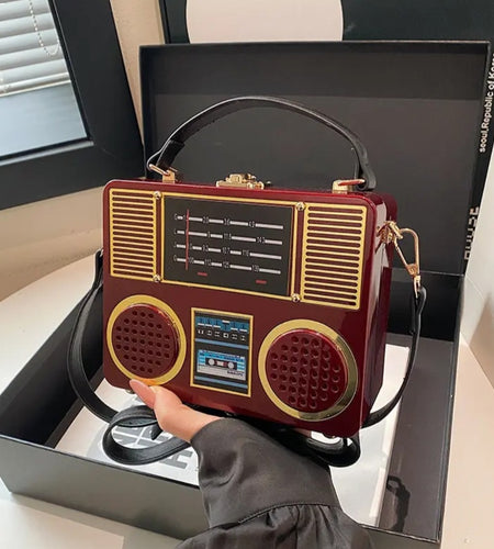 (Free Shipping)(Tariffs included in price) Acrylic Vintage Versatile Creative Radio Handbags Unisex Satchel Metal Punk Shoulder Bag Nostalgia Square Box Bag for women