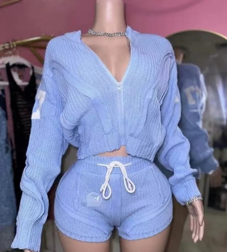 (Free Shipping)(Tariffs included in price) Loose Sports Sweater Top High Waist Shorts 2 Piece Set For Women