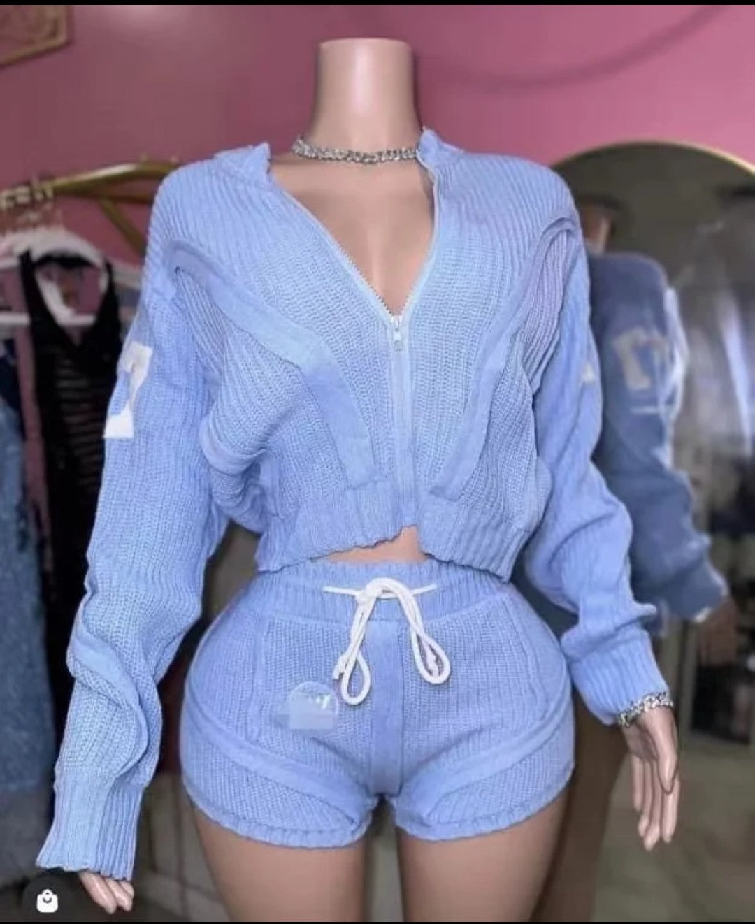 (Free Shipping)(Tariffs included in price) Loose Sports Sweater Top High Waist Shorts 2 Piece Set For Women