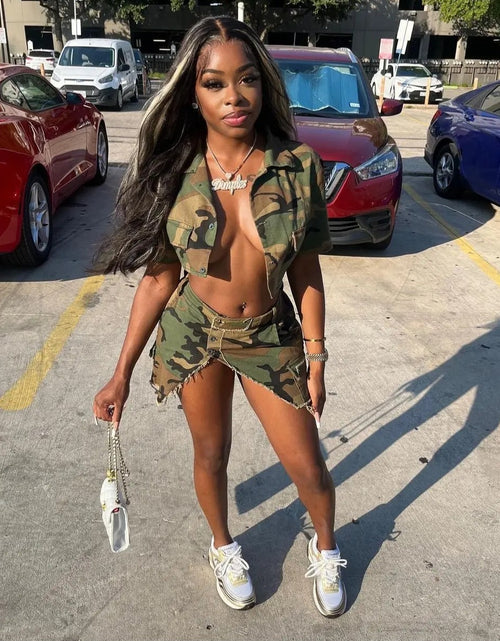 Load image into Gallery viewer, (Free Shipping)(Tariffs included in price) Women's 2 piece shirt set camouflage crop top Irregular sexy skirt suit two piece set women outfit
