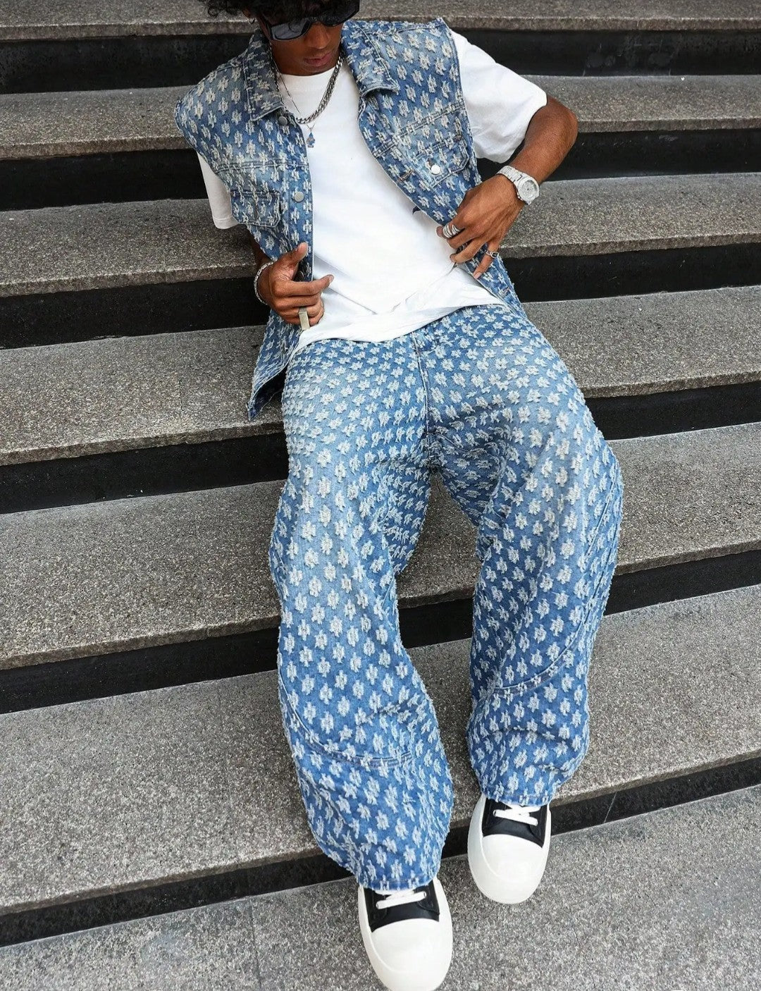 (Free Shipping)(Tariffs included in price)Autumn Winter Oversized 2-Piece Sleeveless Denim Jacket Baggy Trousers Streetwear Style Mid-Waist Breathable Washable Woven