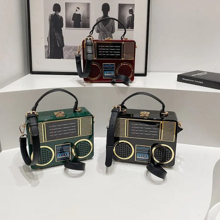 (Free Shipping)(Tariffs included in price) Acrylic Vintage Versatile Creative Radio Handbags Unisex Satchel Metal Punk Shoulder Bag Nostalgia Square Box Bag for women