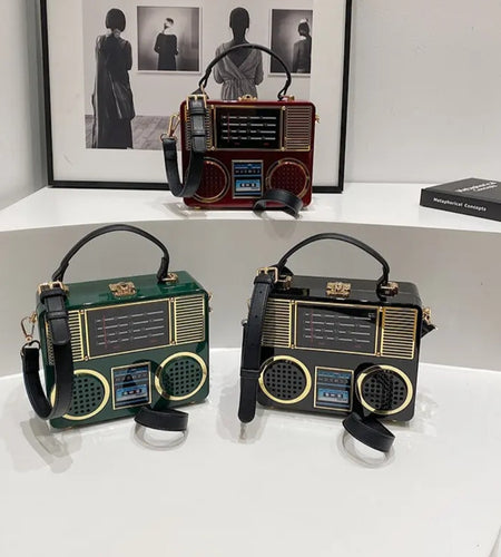 (Free Shipping)(Tariffs included in price) Acrylic Vintage Versatile Creative Radio Handbags Unisex Satchel Metal Punk Shoulder Bag Nostalgia Square Box Bag for women