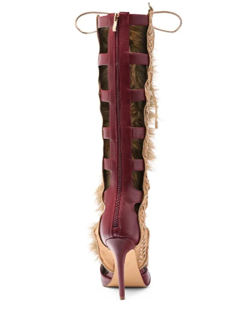 Load image into Gallery viewer, (Free Shipping) Furry High Heeled Open Pointed Toe Lace Up Hollow Stiletto Boots
