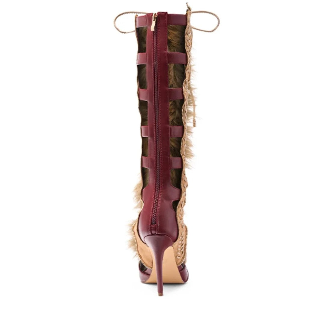(Free Shipping) Furry High Heeled Open Pointed Toe Lace Up Hollow Stiletto Boots