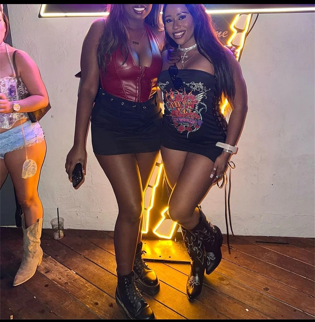 (Free Shipping)(Tariffs included in price) Summer Fashion Y2K Short Dress Retro Designer Printed Tight Lace Up Sexy Party Dress for Women