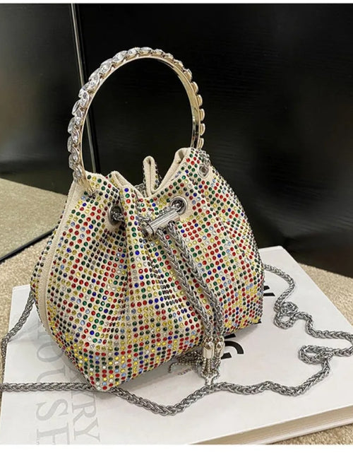 Load image into Gallery viewer, (Free Shipping)(Tariffs included in price) Women's Rhinestone Bucket Handbag With Zipper Enclosure Circular Metal Handle With Cross Body Chain
