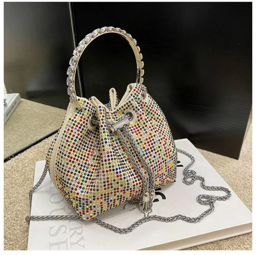 (Free Shipping)(Tariffs included in price) Women's Rhinestone Bucket Handbag With Zipper Enclosure Circular Metal Handle With Cross Body Chain