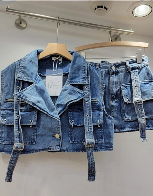 Load image into Gallery viewer, (Free Shipping) Women's denim clothes set vest and mini pocket skirt two-piece set for women denim cargo set
