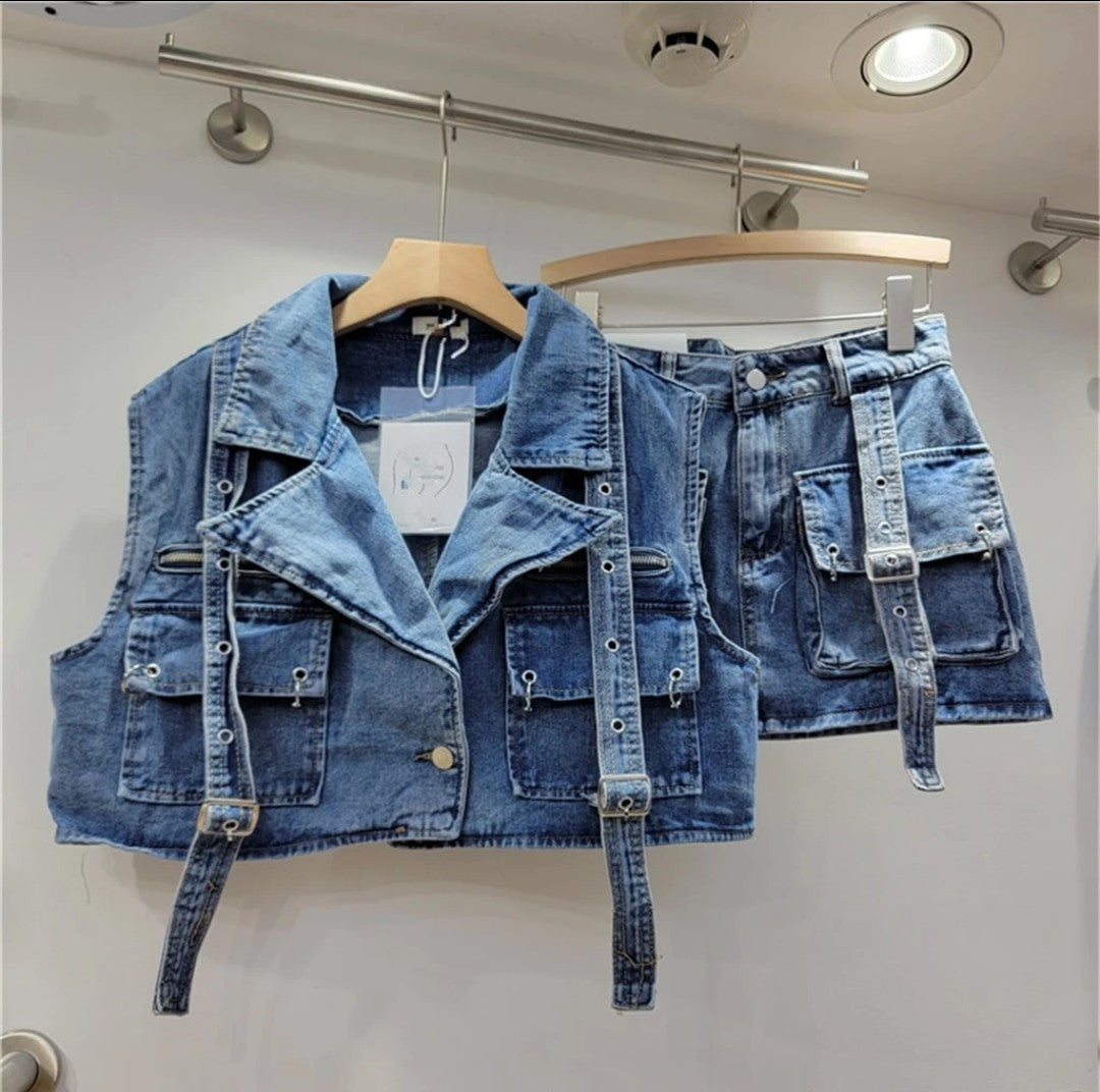 (Free Shipping) Women's denim clothes set vest and mini pocket skirt two-piece set for women denim cargo set