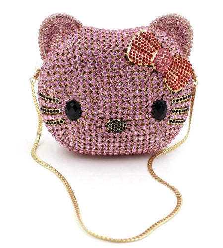 (Free Shipping)(Tariffs included in price) Kitty Head Anime Diamond Evening Clutch Rhinestone Bags New Gorgeous Unique Metallic Rhinestone Purses Wedding Clutches
