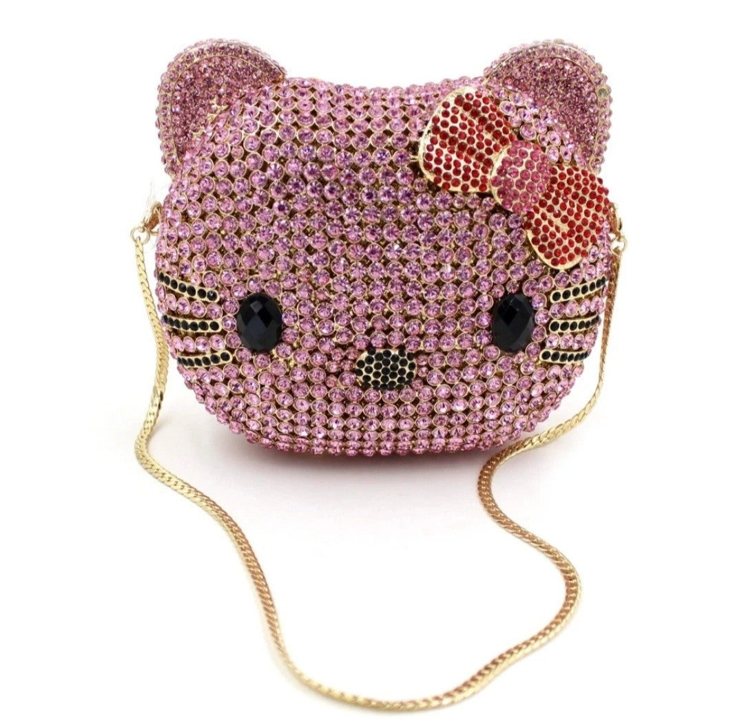 (Free Shipping)(Tariffs included in price) Kitty Head Anime Diamond Evening Clutch Rhinestone Bags New Gorgeous Unique Metallic Rhinestone Purses Wedding Clutches